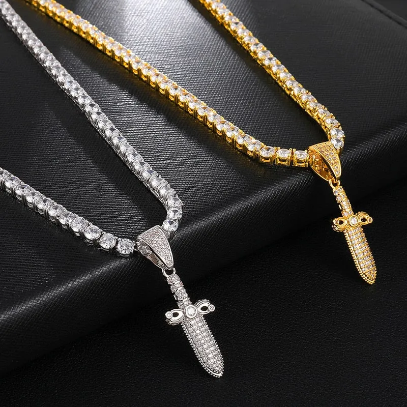 Cubic-Zirconia-Studded Sword Bling Hip-hop Pendant Necklace