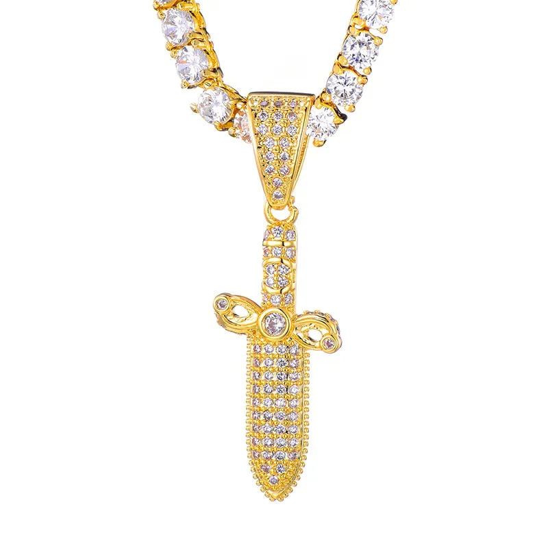 Cubic-Zirconia-Studded Sword Bling Hip-hop Pendant Necklace