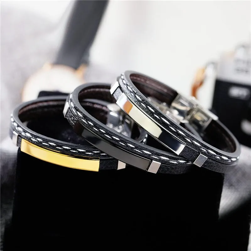 Custom Engrave Cowhide Leather and Stainless Steel Fashion Bracelet