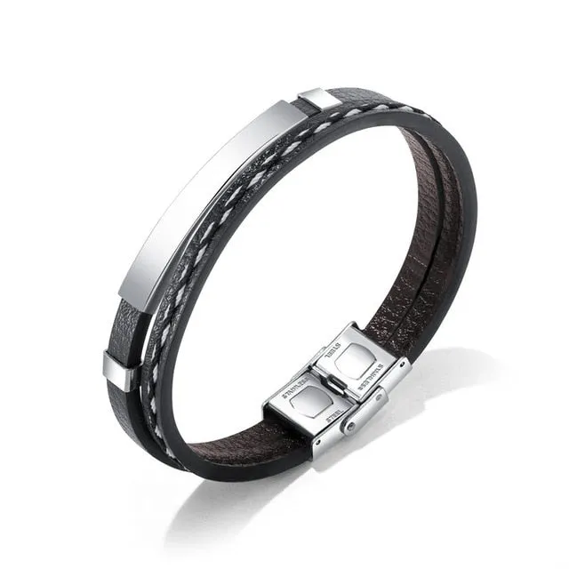 Custom Engrave Cowhide Leather and Stainless Steel Fashion Bracelet