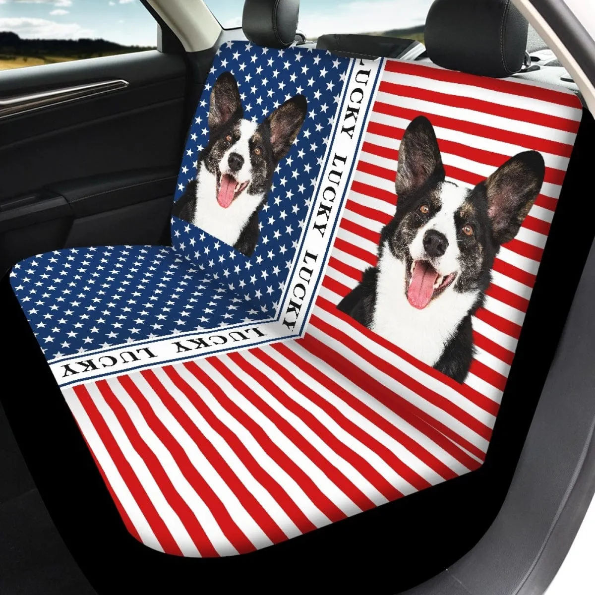 Custom Face&Name American Flag Car Seat Cover Full Set Universal Auto Waterproof Front Seat Protector