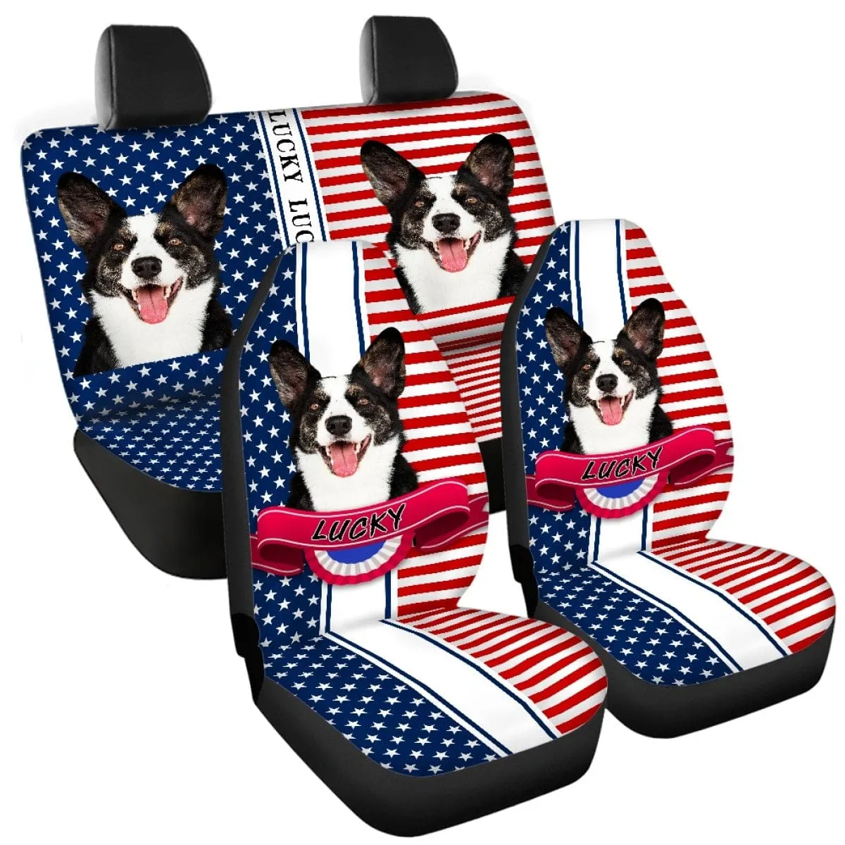 Custom Face&Name American Flag Car Seat Cover Full Set Universal Auto Waterproof Front Seat Protector