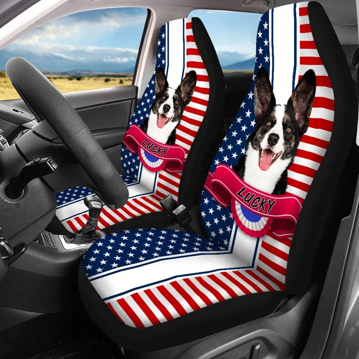 Custom Face&Name American Flag Car Seat Cover Full Set Universal Auto Waterproof Front Seat Protector