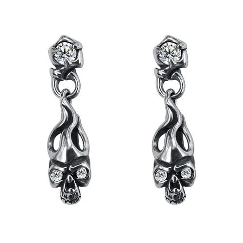 Dangling Skull and Cubic Zirconia Stainless Steel Punk Biker Stud Earrings