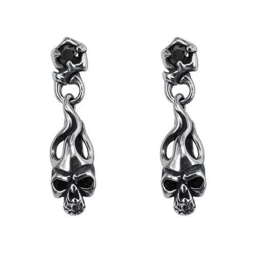 Dangling Skull and Cubic Zirconia Stainless Steel Punk Biker Stud Earrings