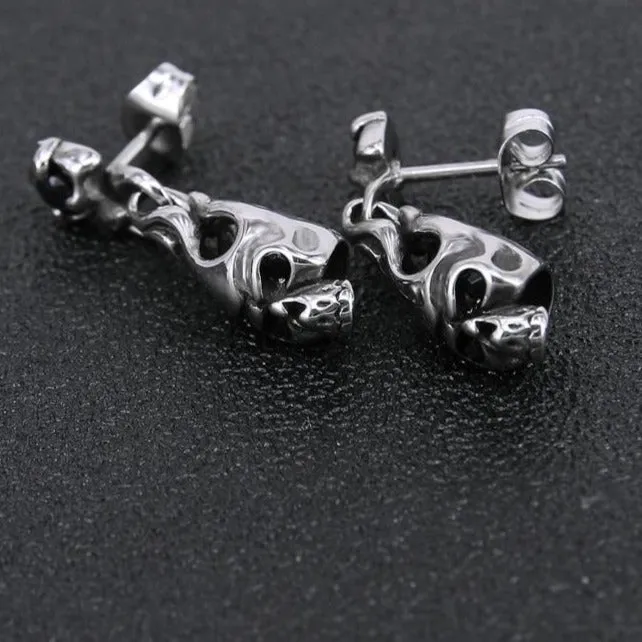 Dangling Skull and Cubic Zirconia Stainless Steel Punk Biker Stud Earrings