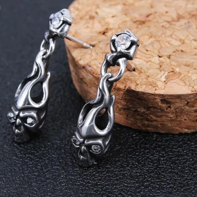 Dangling Skull and Cubic Zirconia Stainless Steel Punk Biker Stud Earrings