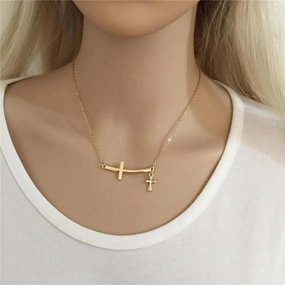 Double Linked 2 Sideways Cross Pendant Necklace