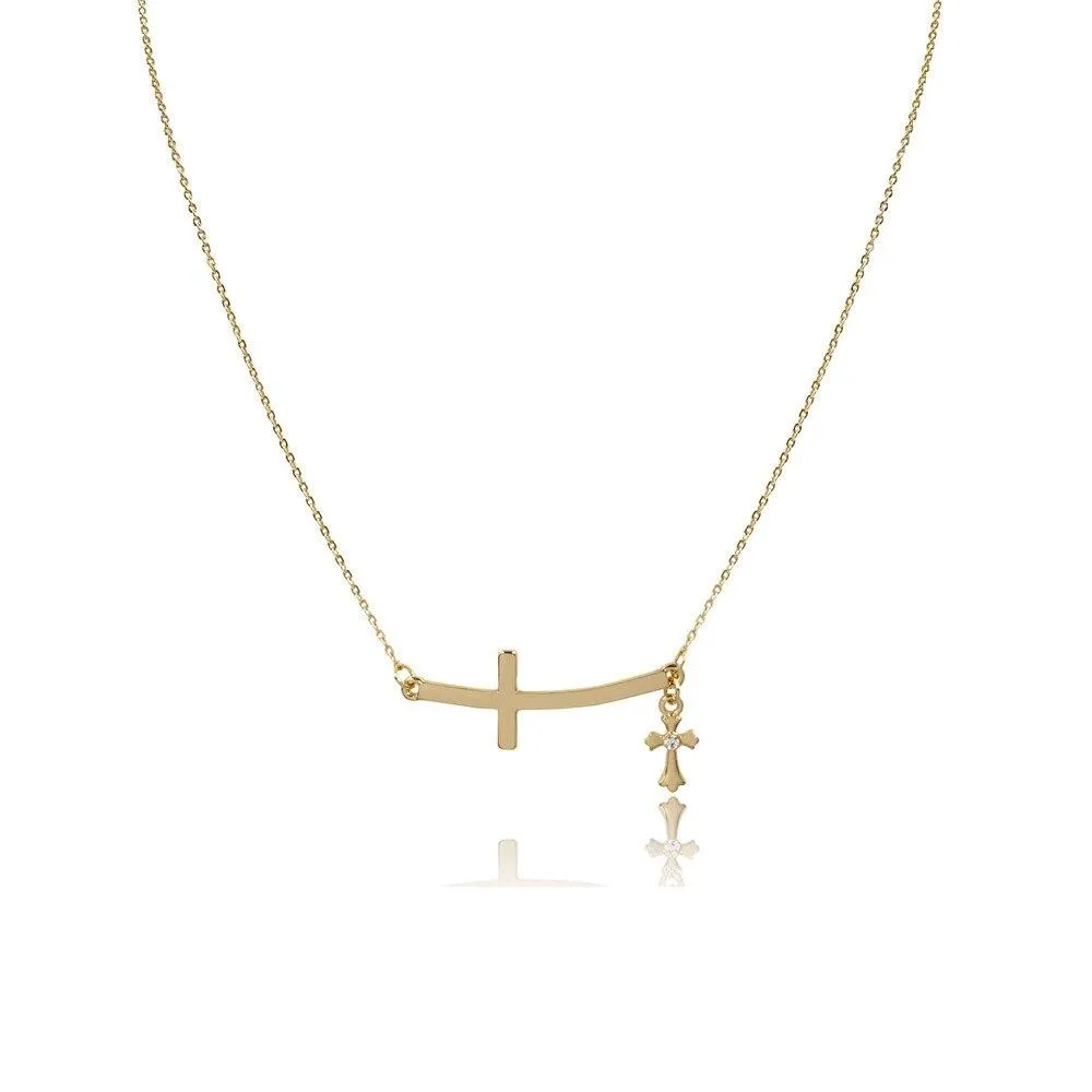 Double Linked 2 Sideways Cross Pendant Necklace