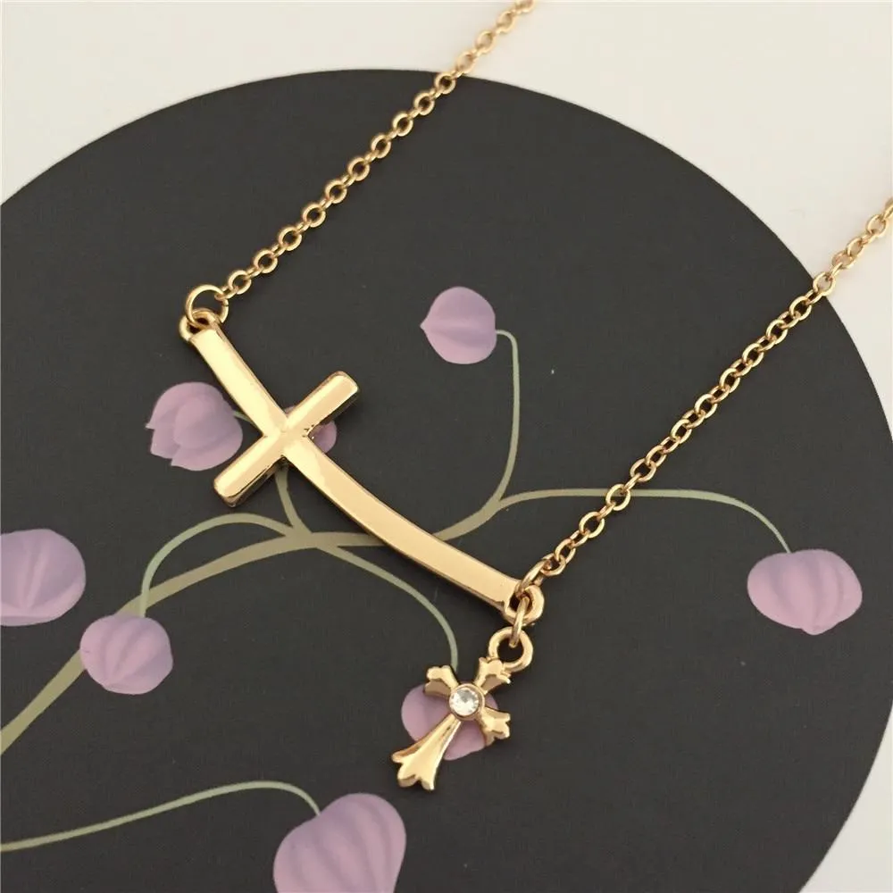 Double Linked 2 Sideways Cross Pendant Necklace