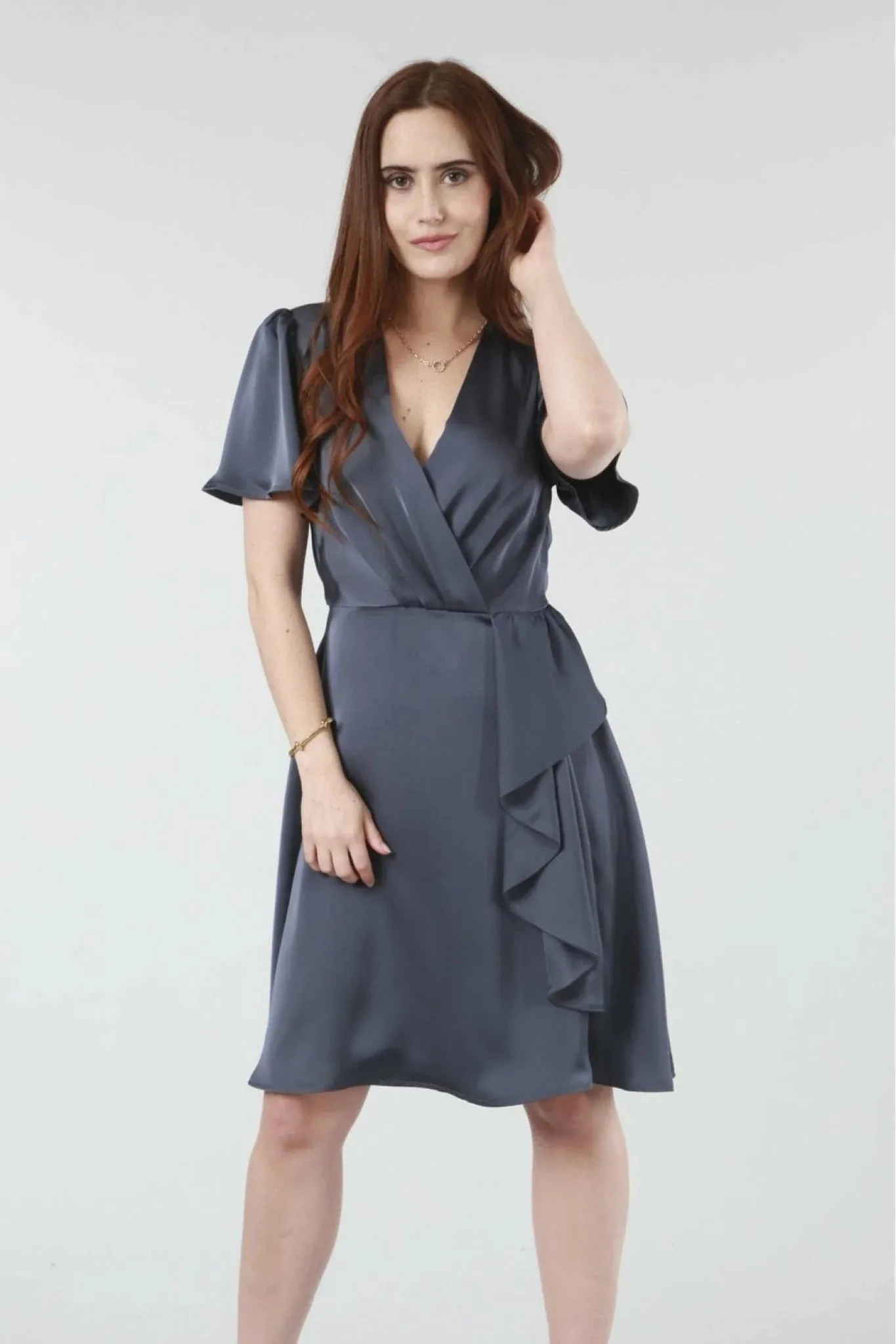 Double Second Dark Grey Wrap Frill Front Satin Dress