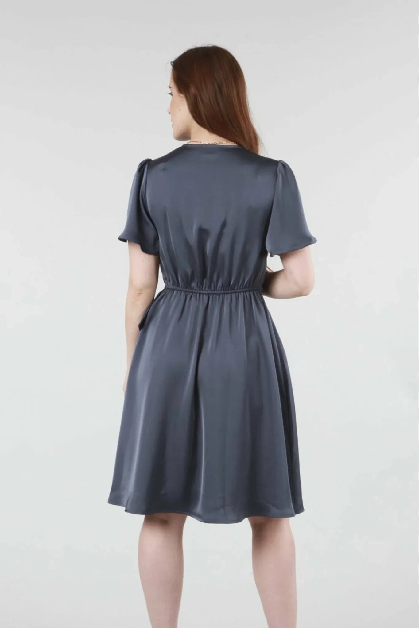 Double Second Dark Grey Wrap Frill Front Satin Dress