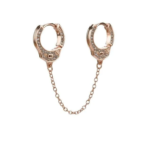 Double-Sided Cubic Zirconia Handcuffs 925 Sterling Silver Link Chain Loop Earrings