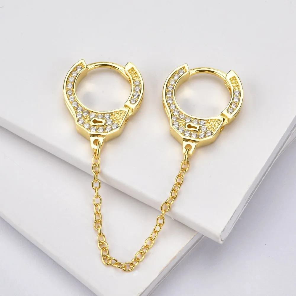 Double-Sided Cubic Zirconia Handcuffs 925 Sterling Silver Link Chain Loop Earrings