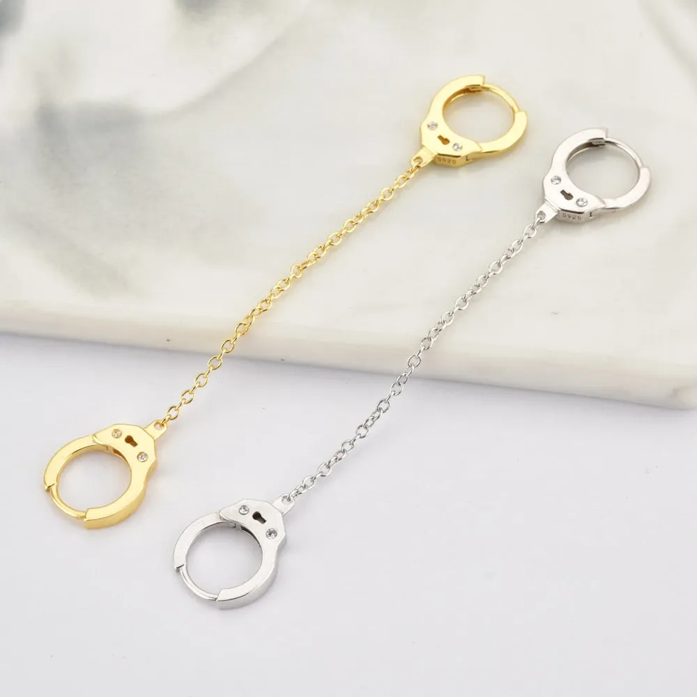 Double-Sided Cubic Zirconia Handcuffs 925 Sterling Silver Link Chain Loop Earrings