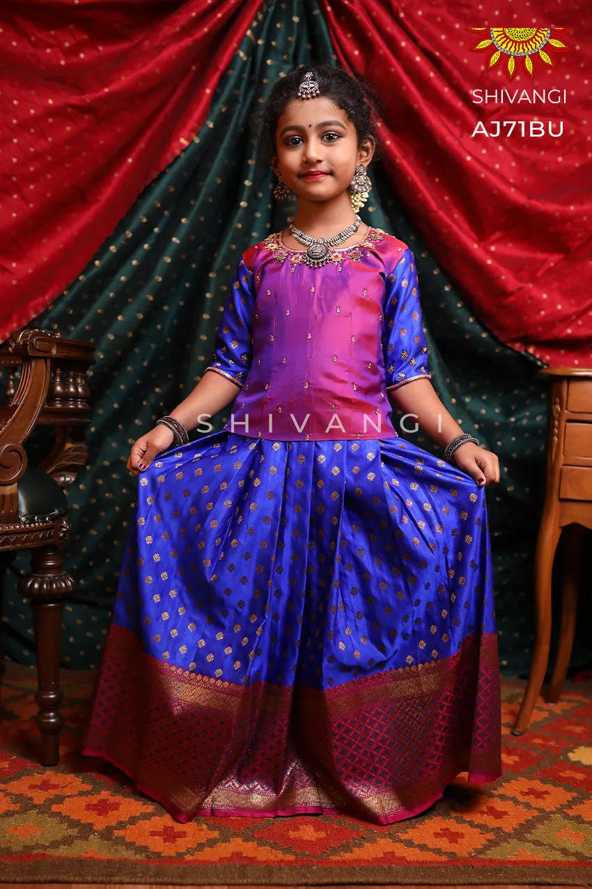 EMB Blue Katan Peacock Girls Pattu Pavadai