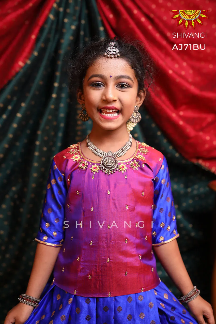 EMB Blue Katan Peacock Girls Pattu Pavadai