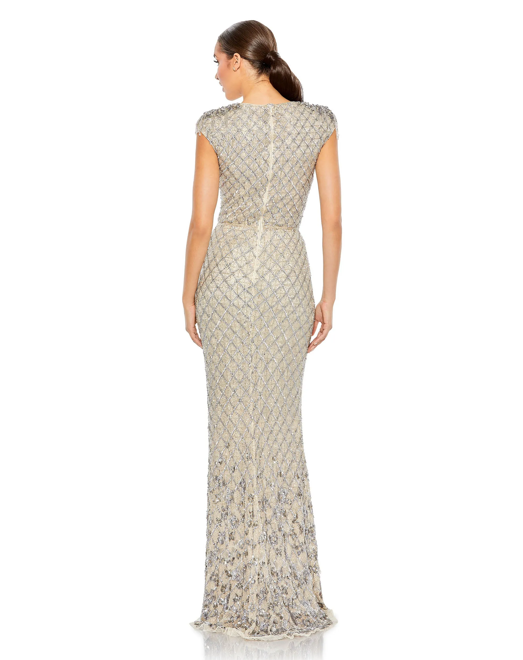 Embellished Crystal Cap Sleeve Column Gown