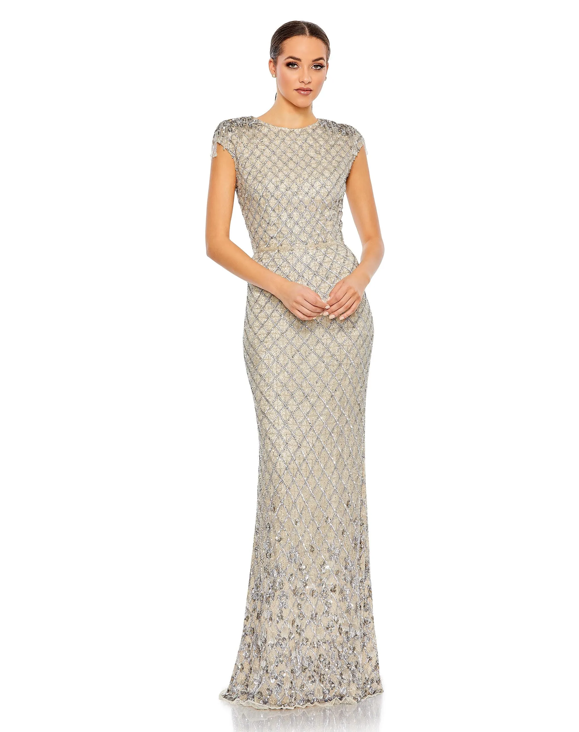 Embellished Crystal Cap Sleeve Column Gown