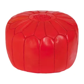 Embroidered Leather Pouf in Red