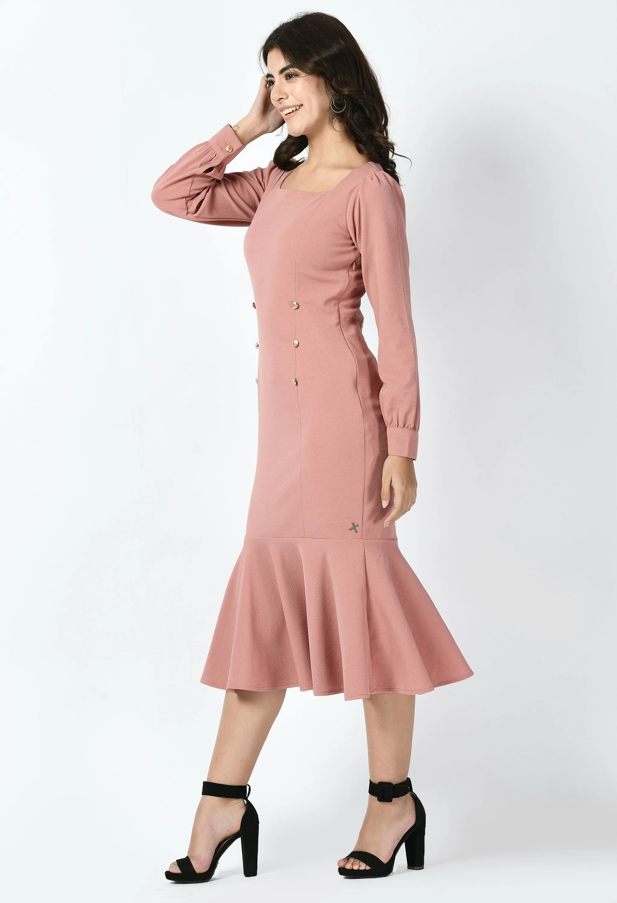 Exude Apogee Fishtail Midi Dress (Cherry Pink)