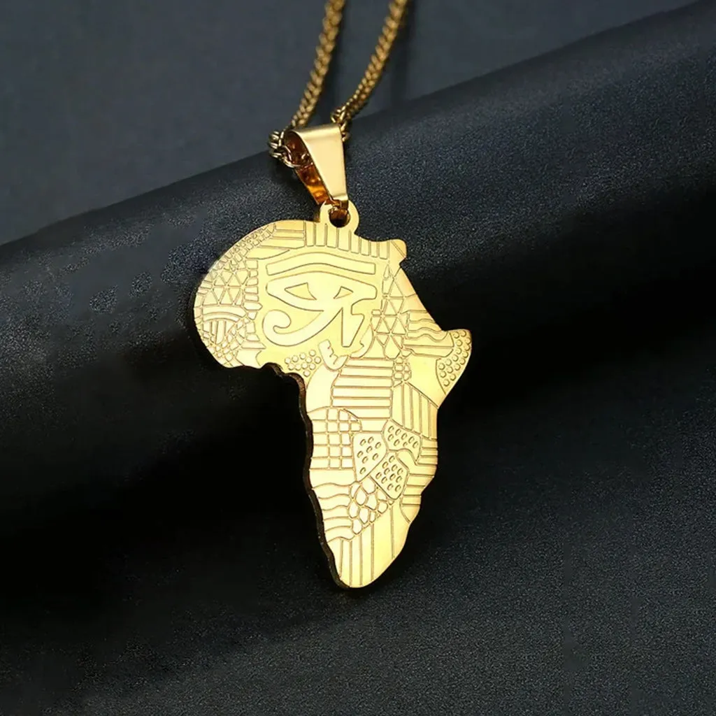 Eye of Horus Egyptian Ankh Africa Map Pendant Necklace in Gold Tone