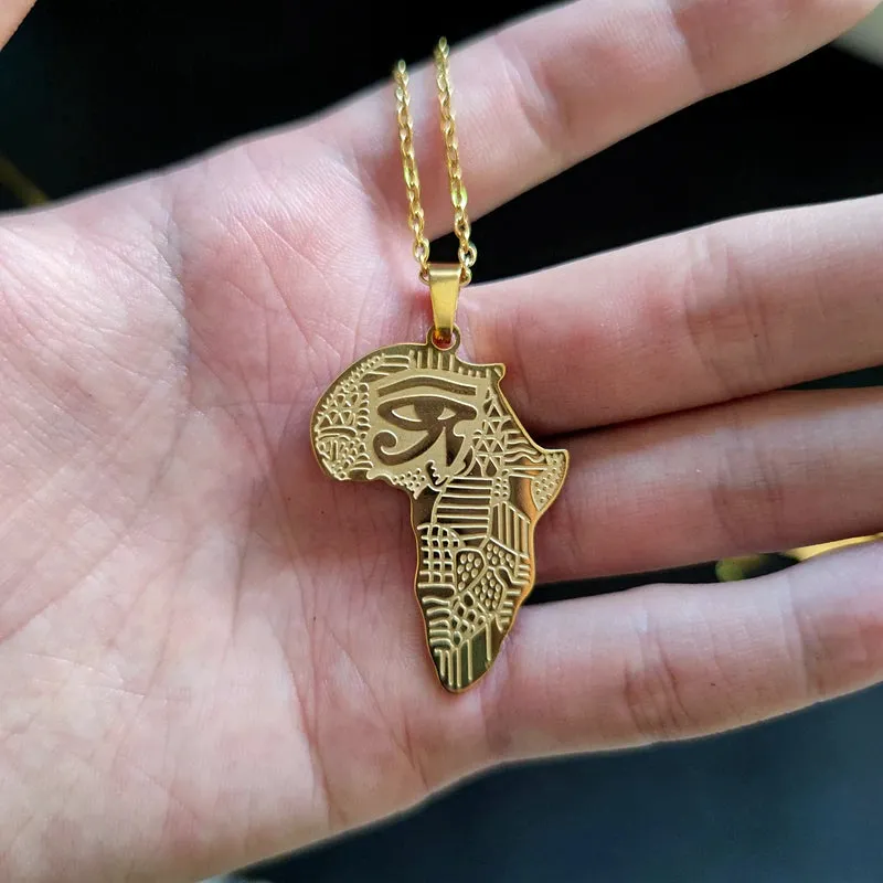 Eye of Horus Egyptian Ankh Africa Map Pendant Necklace in Gold Tone