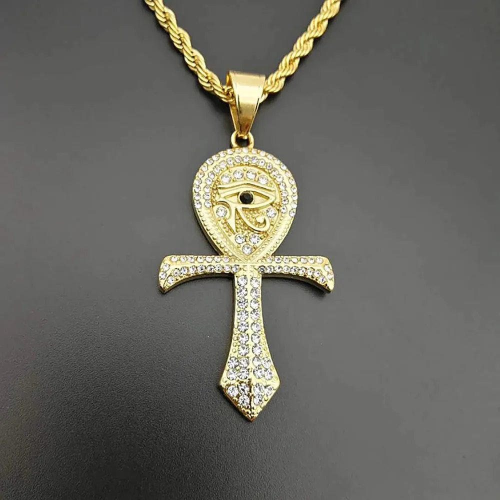 Eye of Horus Egyptian Ankh Pendant Rope Chain Rhinestones Necklace