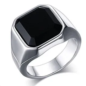 Fashion Stainless Steel Signet Rings with Black Agate Onyx for Men