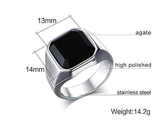 Fashion Stainless Steel Signet Rings with Black Agate Onyx for Men