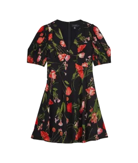 Floral Mini Tea Dress With Puff Sleeves - Black