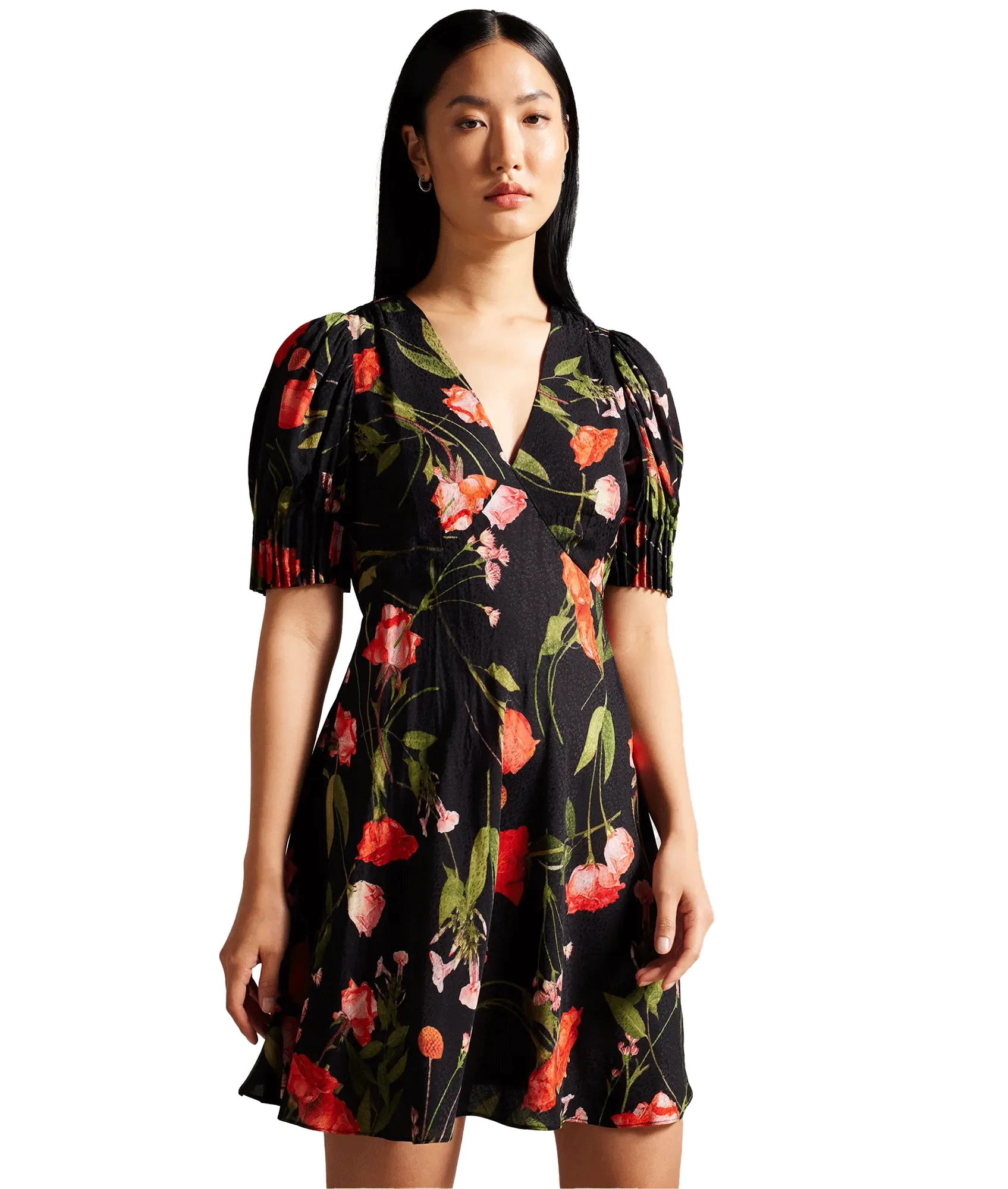 Floral Mini Tea Dress With Puff Sleeves - Black