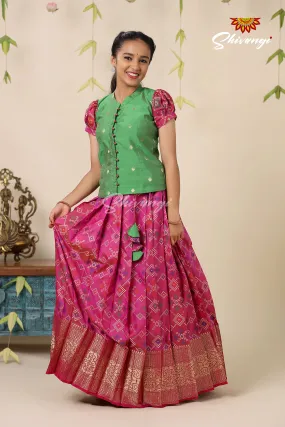 Floral Patola Pink Pattu Pavadai For Girls - Festive Wear!!!