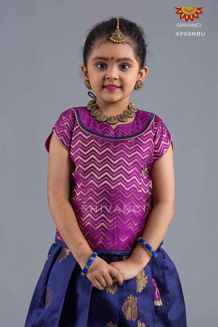 Girls Navy Blue Floral Bowl Pattu Pavadai