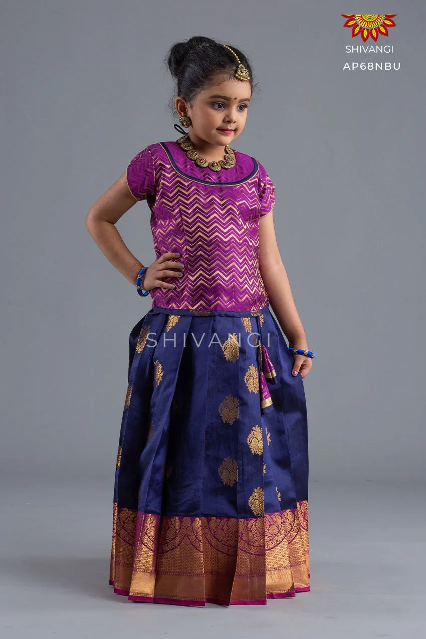 Girls Navy Blue Floral Bowl Pattu Pavadai