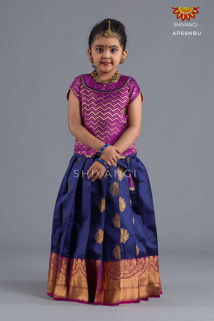 Girls Navy Blue Floral Bowl Pattu Pavadai