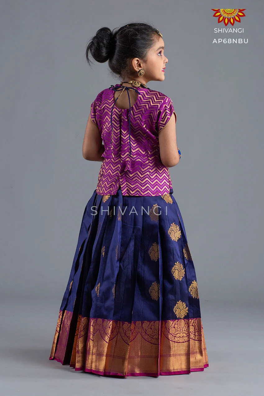 Girls Navy Blue Floral Bowl Pattu Pavadai