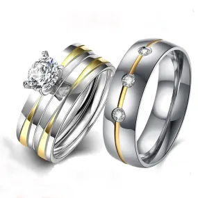 Gold and Silver Cubic Zirconia Stainless Steel Wedding Ring Set