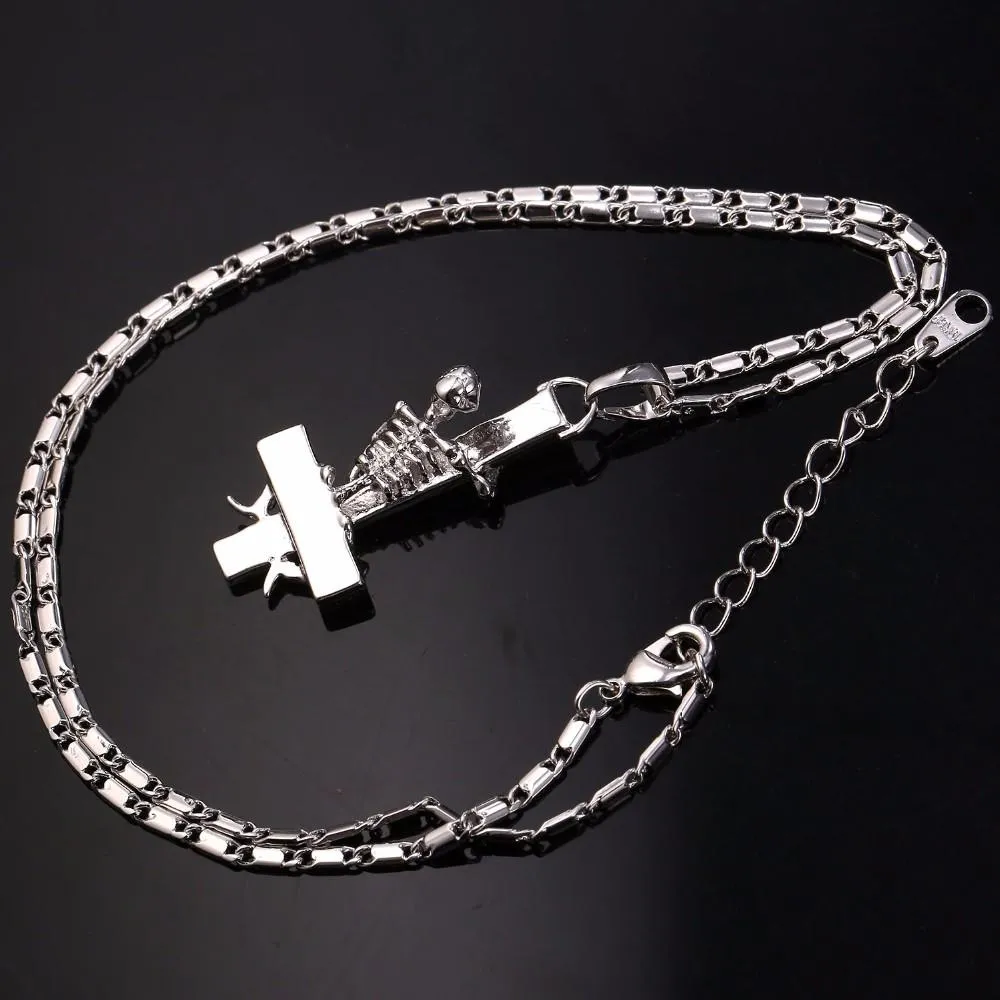 Gold Plated Gothic Skeleton Upside Down Cross Pendant Necklace