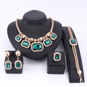 Gold-Plated Green Crystal Necklace, Bracelet, Earrings & Ring Wedding Statement Jewelry Set