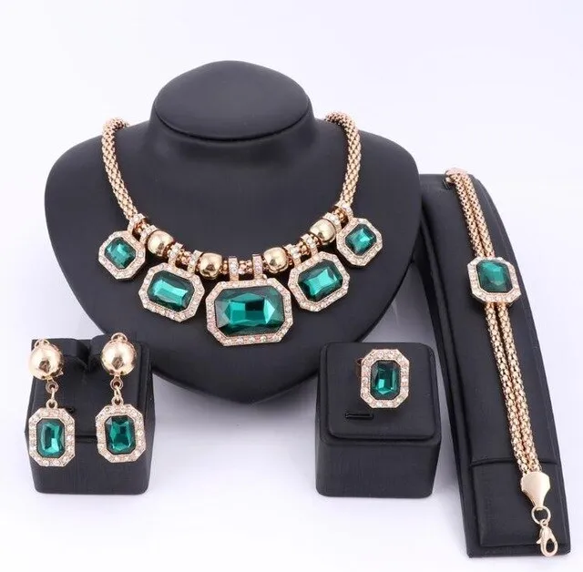 Gold-Plated Green Crystal Necklace, Bracelet, Earrings & Ring Wedding Statement Jewelry Set