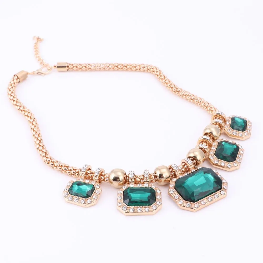 Gold-Plated Green Crystal Necklace, Bracelet, Earrings & Ring Wedding Statement Jewelry Set