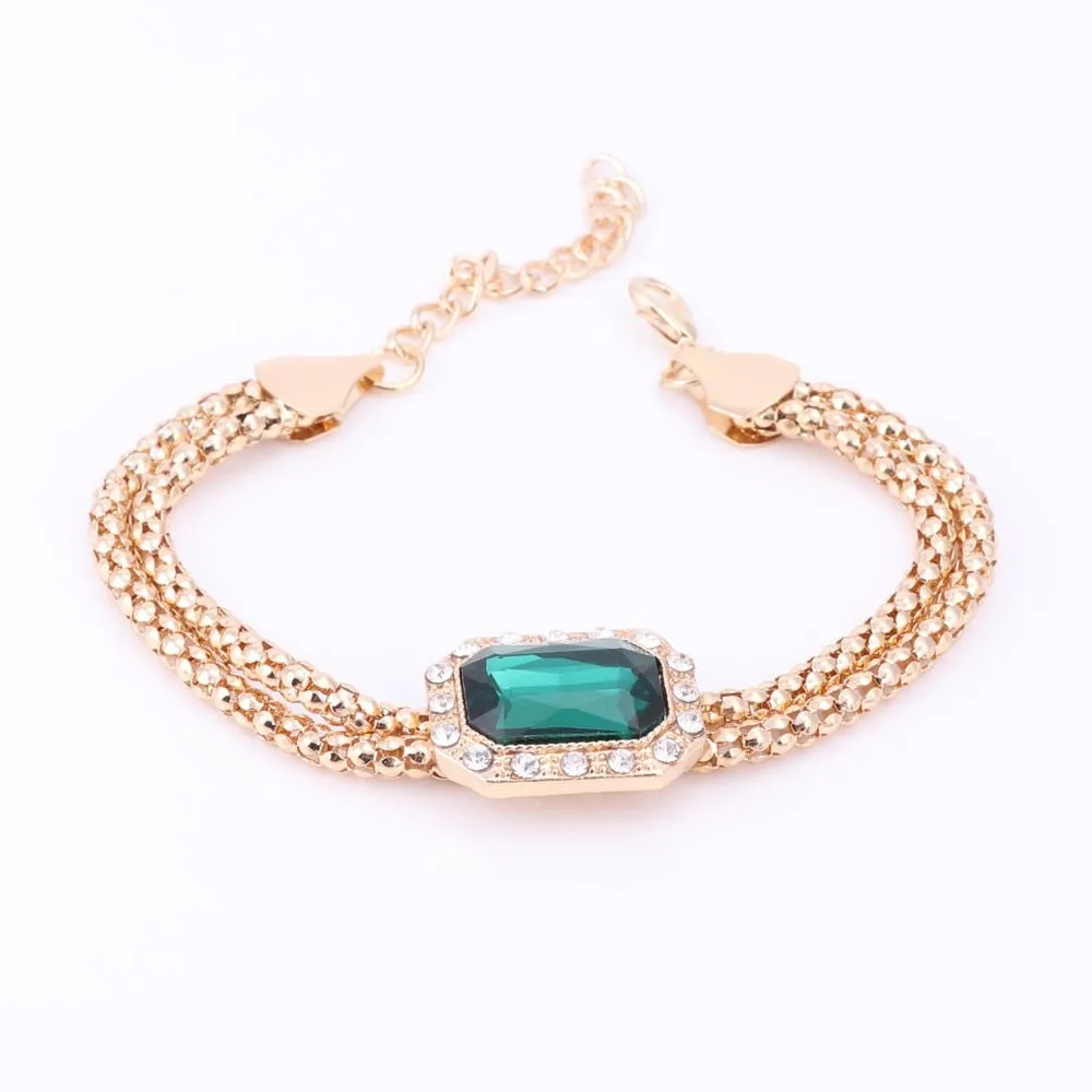 Gold-Plated Green Crystal Necklace, Bracelet, Earrings & Ring Wedding Statement Jewelry Set