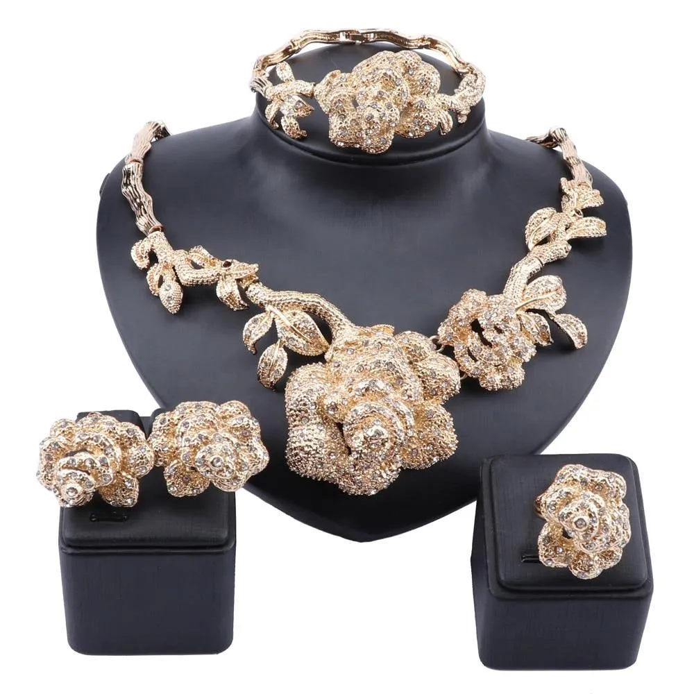 Gold-Plated Rose Flower Crystal Necklace, Bracelet, Earrings & Ring Wedding Statement Jewelry Set