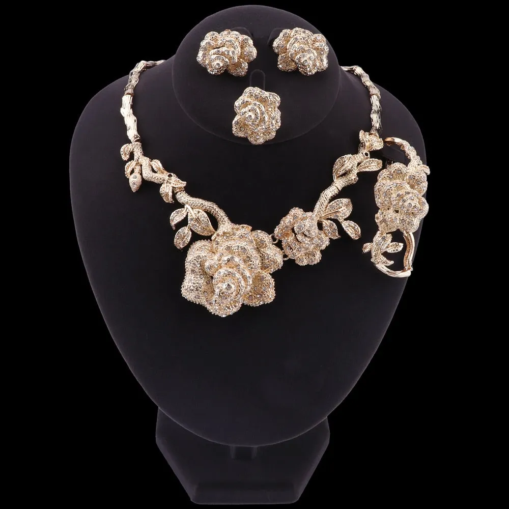 Gold-Plated Rose Flower Crystal Necklace, Bracelet, Earrings & Ring Wedding Statement Jewelry Set