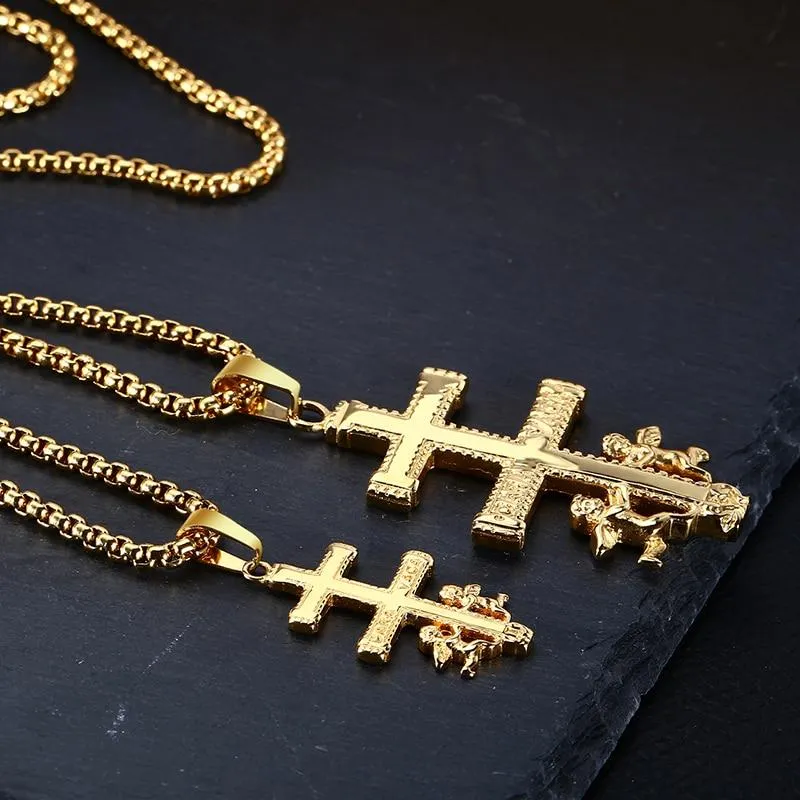 Golden 2-Beam Cross of Lorraine Ortodox Pendant with Angels