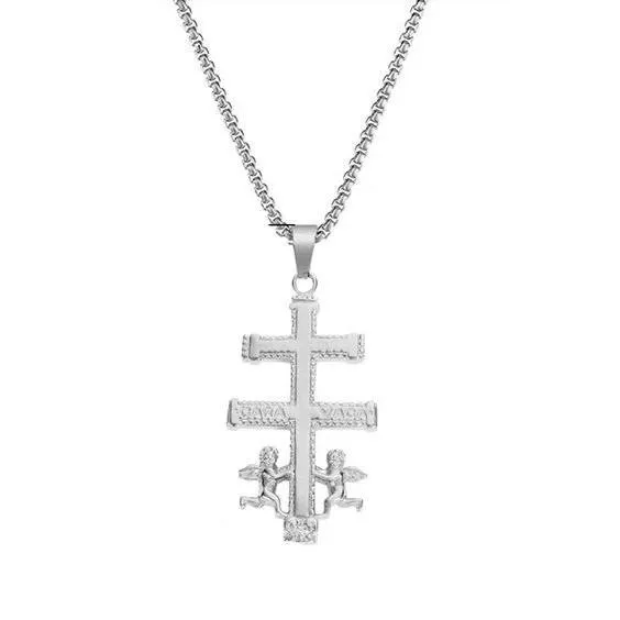 Golden 2-Beam Cross of Lorraine Ortodox Pendant with Angels