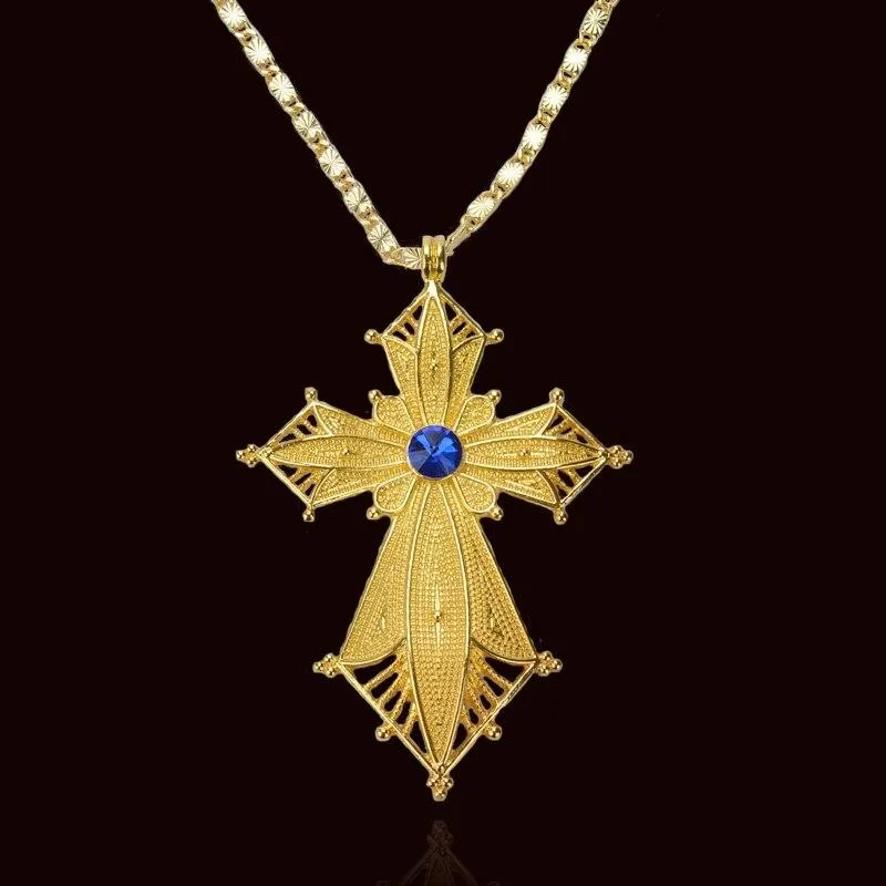 Golden Habesha Ethiopian Cross Pendant with Blue Stone Center