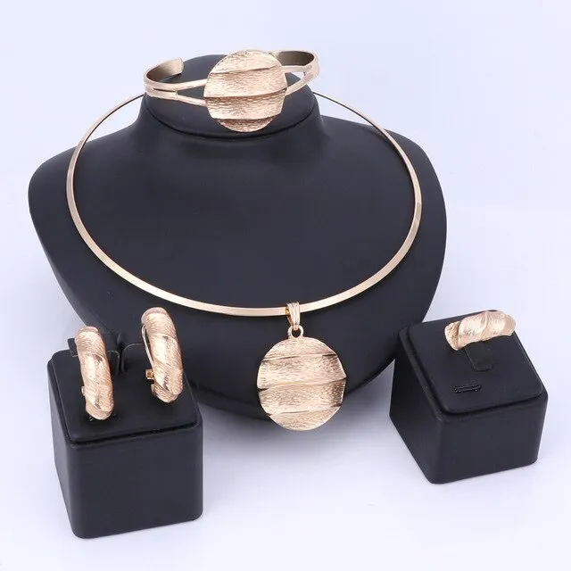 Gold/Silver-Plated and Cratered Pattern Steel Necklace, Bracelet, Earrings & Ring Wedding Jewelry Set