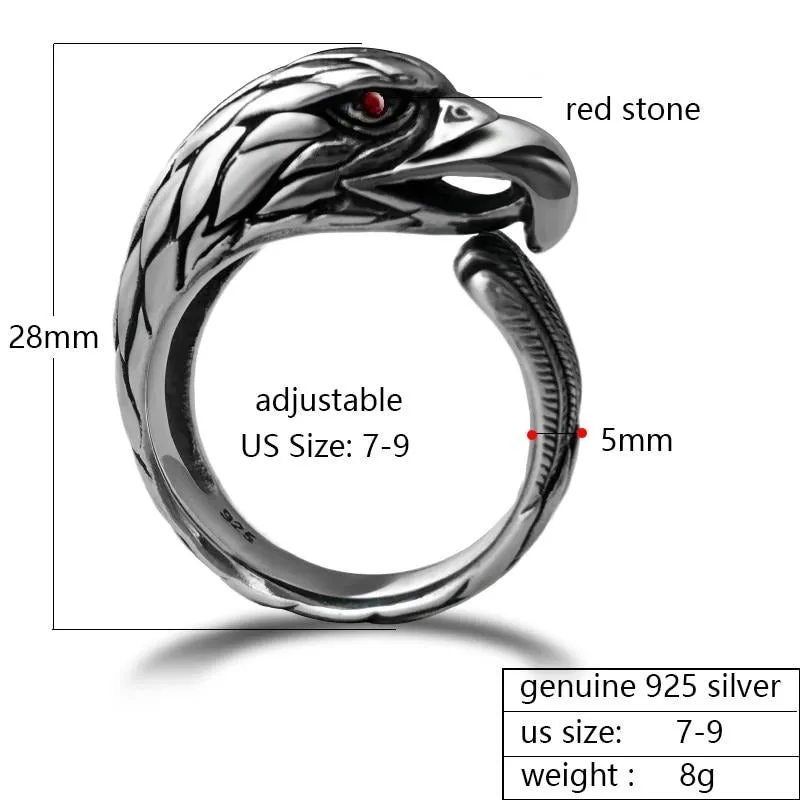 Gothic Animal Red Eye Cubic Zirconia 925 Sterling Silver Adjustable Vintage Punk Rock Biker Ring